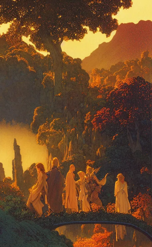 Prompt: adventurers journeying into Rivendell at sunset in the autumn, by Maxfield Parrish, Mucha, Donato Giancola, Thomas Kincade, and James Gurney