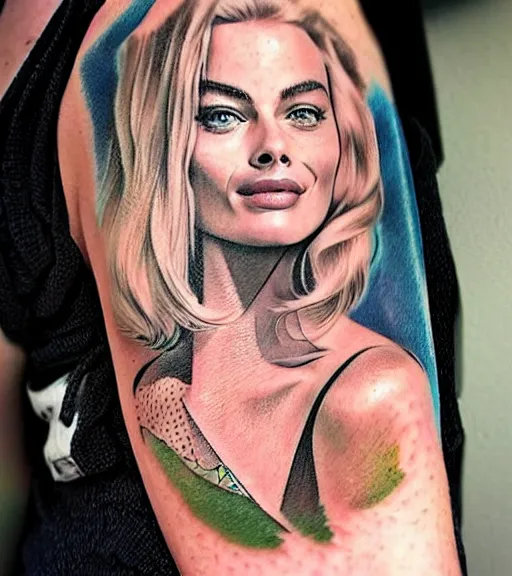 Prompt: mash up tattoo sketch of margot robbie with beautiful mountain scenery, in the style of arlo dicristina, hyper realism, amazing detail, sharp