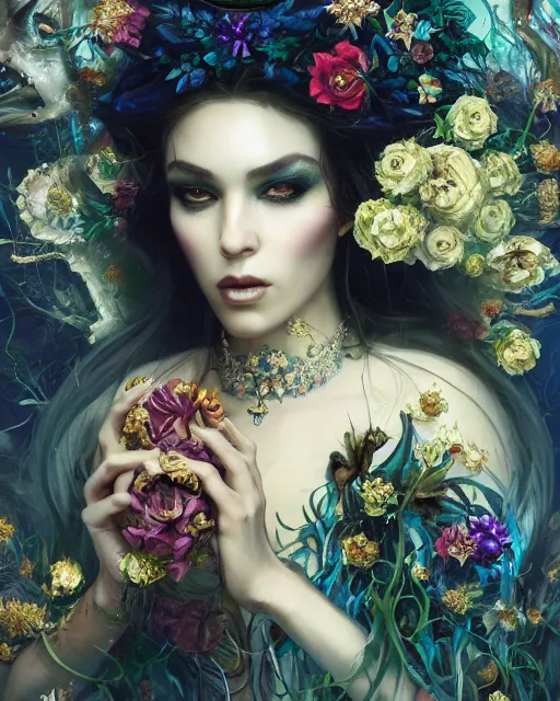 Prompt: portrait of the arabic queen of the underworld, surrounded by flowers by karol bak, james jean, tom bagshaw, rococo, sharp focus, trending on artstation, cinematic lighting, hyper realism, octane render, 8 k, hyper detailed.