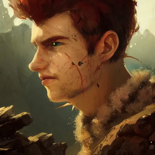 Image similar to masterpiece closeup portrait of a young man with short red hair in adventuring gear by Greg Rutkowski, 4k, masterpiece, cinematic, dungeons and dragons, detailed