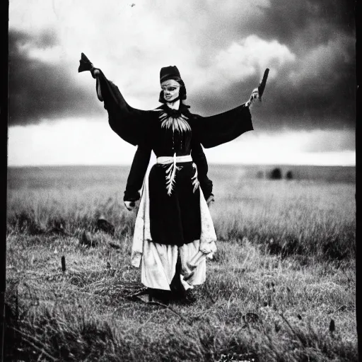 Image similar to vintage photo of a traditional 19th century pagan Halloween costume dark clouds in the sky, photo journalism, photography, cinematic, national geographic photoshoot