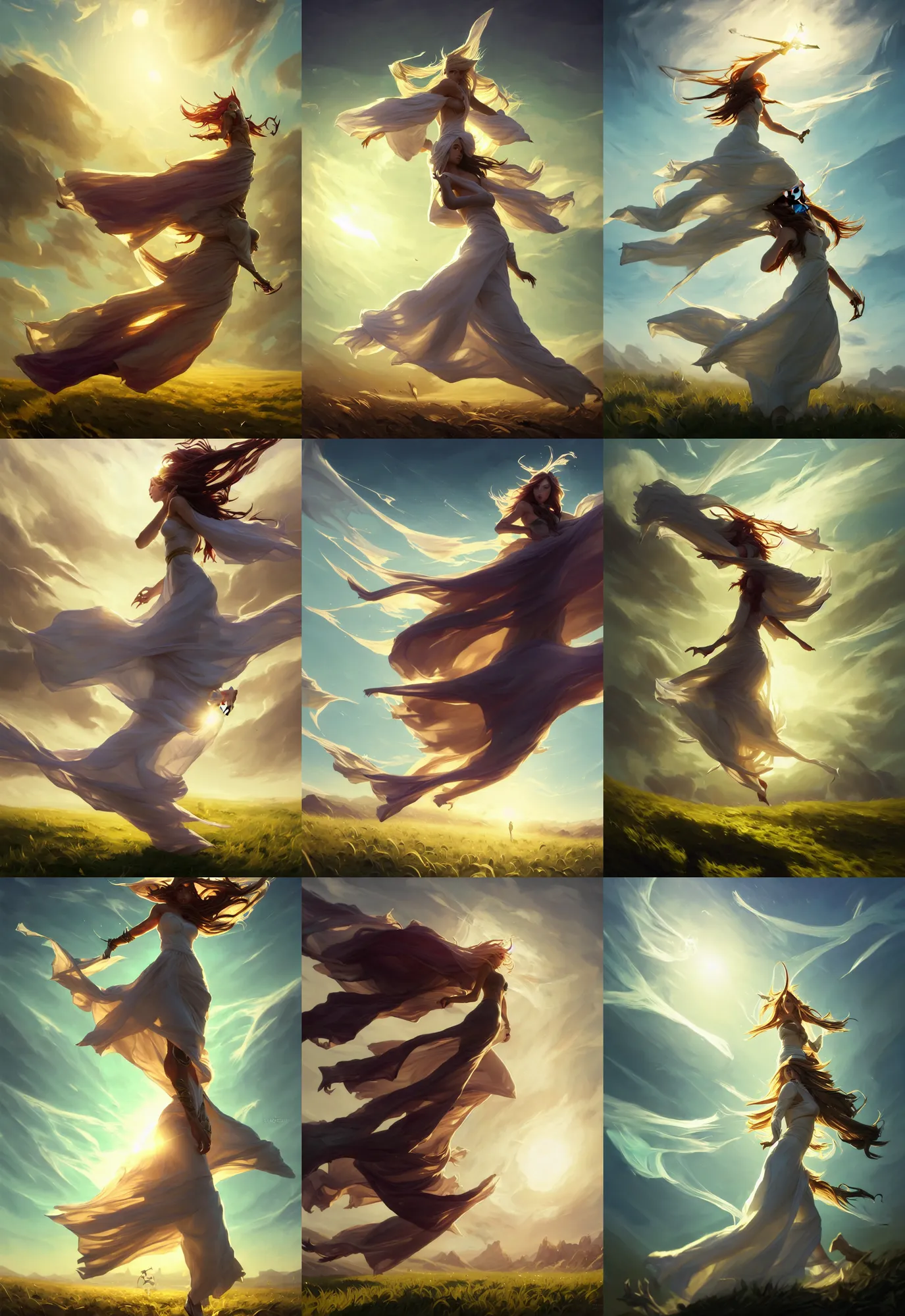 Image similar to league of legends and warframe art, single levitating girl in white maxi dresses between clouds above green fields in sunset light, big long cloth on the wind, close up portrait, elegant, intricate, digital painting, artstation, concept art, golden hour, epic composition, smooth, sharp focus, illustration, art by ed mell and Daniel F. Gerhartz and Jacek Malczewski and gustav klimt, Tibor Nagy