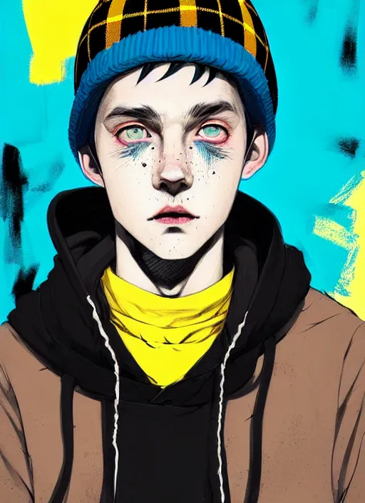 Image similar to highly detailed portrait of basketball boy punk student, blue eyes, tartan hoody, hat, white hair by atey ghailan, by greg tocchini, by kaethe butcher, gradient yellow, black, brown and cyan color scheme, grunge aesthetic!!! ( ( graffiti tag wall flat colour background ) )