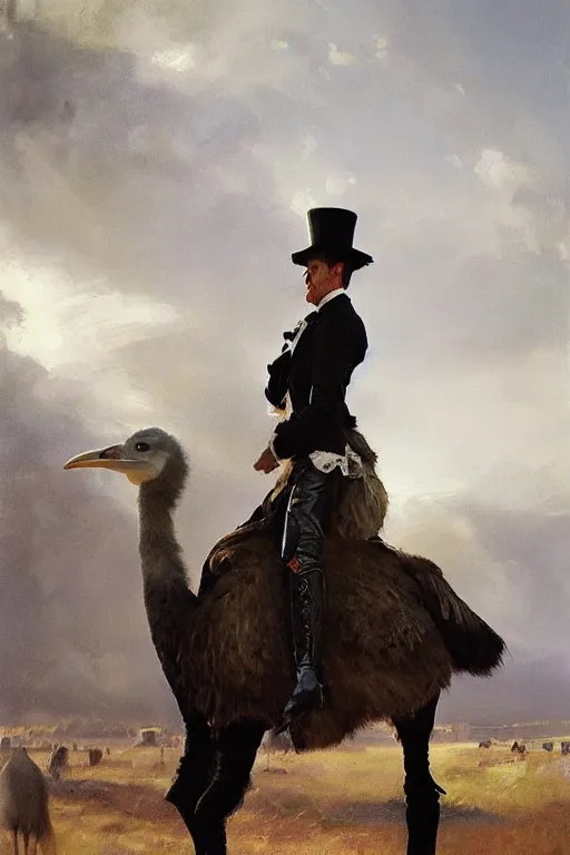 Image similar to portrait of a respectable dignified royal business elite politician wearing a top hat and coat tails riding on an ostrich, art by anders zorn, wonderful masterpiece by greg rutkowski, beautiful cinematic light, american romanticism by greg manchess, jessica rossier