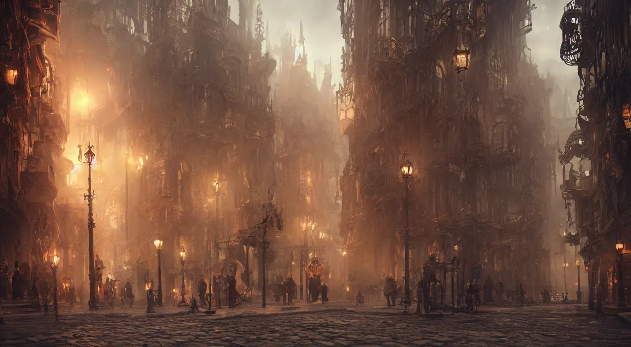 Prompt: a beautiful matte concept art painting of inside pov victorian style steampunk lord of the rings city streets with steampunk robots, concept art, deviantart, flickr, artstation, octane render, textured, colorful, very detailed, volumetric lighting, detailed lighting, octane render, 4 k, cinematic lighting, 8 k resolution