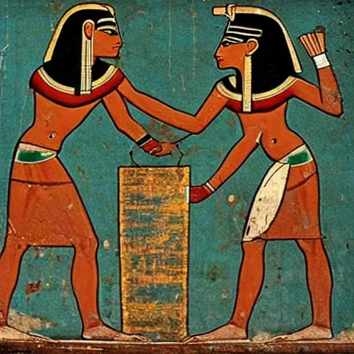 Image similar to An ancient Egyptian painting depicting an argument over whose turn it is to take out the trash