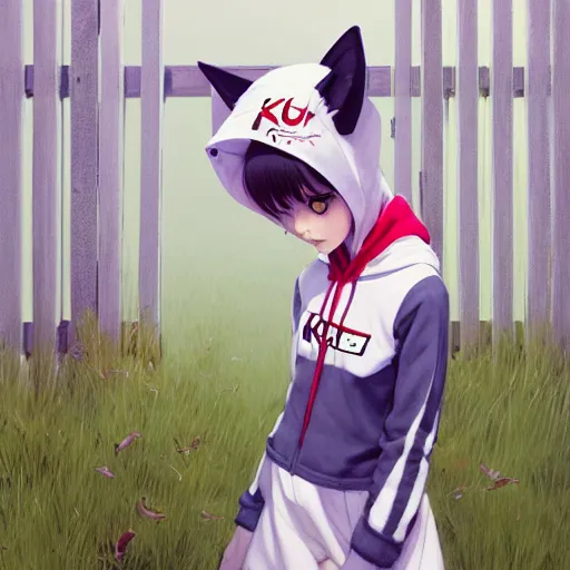 Image similar to a young girl wearing a cat hoodie balancing a a white fence, wlop, ilya kuvshinov, artgerm, krenz cushart, greg rutkowski, hiroaki samura, range murata, james jean, katsuhiro otomo, erik jones, 4 k