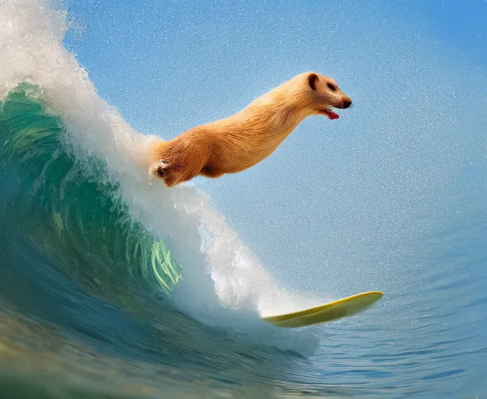 Image similar to 4 k hd, high detail photograph of weasel surfing a wave, shot with sigma f / 4. 2, 2 5 0 mm sharp lens, wide shot, consistent, volumetric lighting, high level texture render