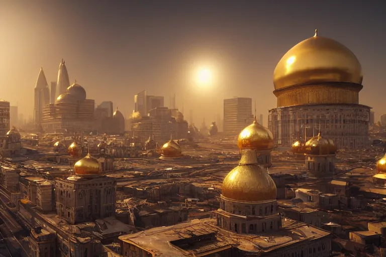 Image similar to dystopian russian cityscapes, golden domes, 8k, hyperrealistic, ultra sharp, octane render, unreal engine, light breaks through the roofs, artstation, very detailed, 16k, cinematic scenery,