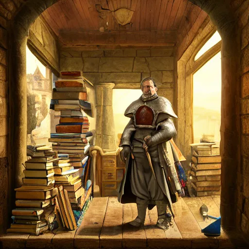 Image similar to dennis hopper as a medieval nobleman, standing on the side of a big medieval shop with boards full of books, flasks, glas, trinkets, and other stuff, dust suspended in a sunbeam from a tall medieval window, trending on artstation, artwork in style of peter mohrbacher, unreal engine, octane render, intricate details, 8k high definition, beauriful, ornate, hyperrealistic
