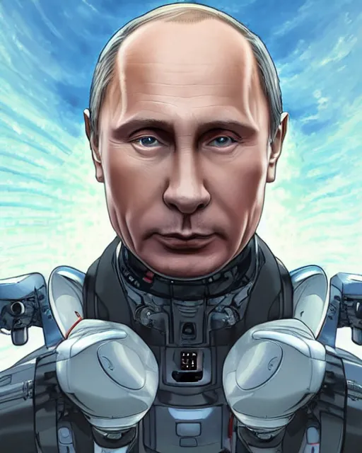 Image similar to portrait of vladimir putin as a robot, cybernetic enhancements, art by makoto shinkai and alan bean, yukito kishiro