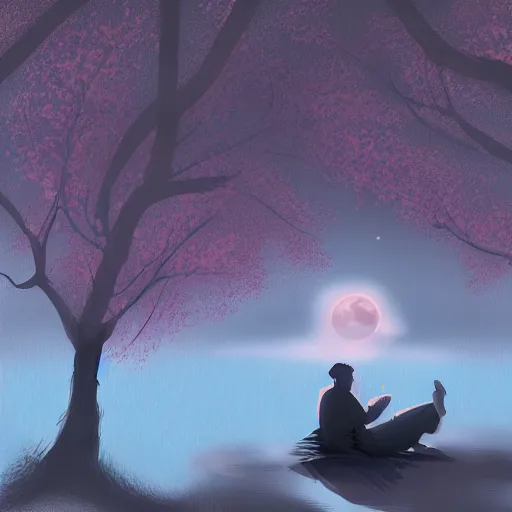 Image similar to Man sleeping under a sakura tree during a full moon by Anato Finnstark, digital art