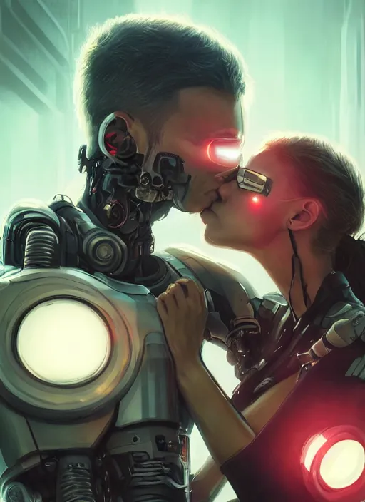 Image similar to ultra realistic close - up of a couple of cyborgs kissing, lovers, cyberpunk, sci - fi, fantasy, kodak, led color, flare, soft light, night, highly detailed, digital painting, concept art, sharp focus, illustration, art by artgerm and greg rutkowski