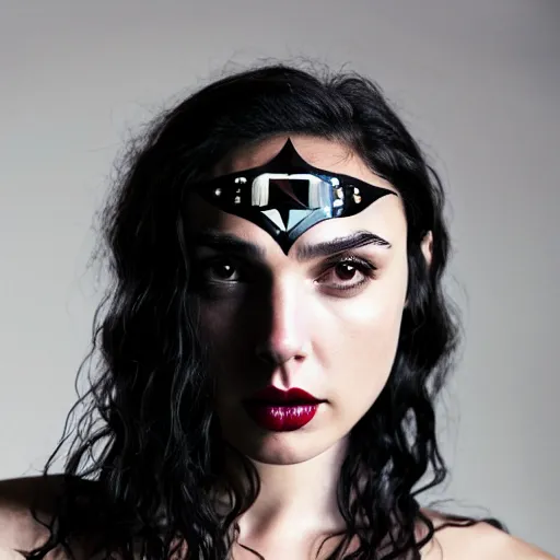 Image similar to gal gadot as a goth woman, eye piercings, close up shot, black hair on right half, white hair on left half, pale skin, sensual, beautiful soft light failling on her face, studio photography, nikon 3 5 mm portrait photography, ultra realistic