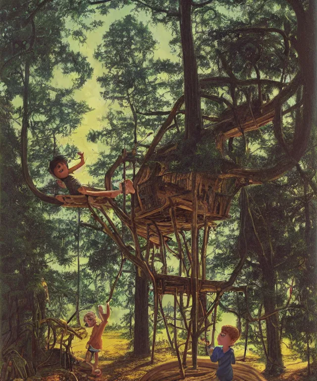 Image similar to masterful oil on canvas painting, eye - level view, shot from 5 0 feet distance, of a kid playing in a treehouse. in the background is a whimsical sparse forest. golden hour, detailed, depth, volume, chiaroscuro, quiet intensity, vivid color palette. by tex avery and gerald brom