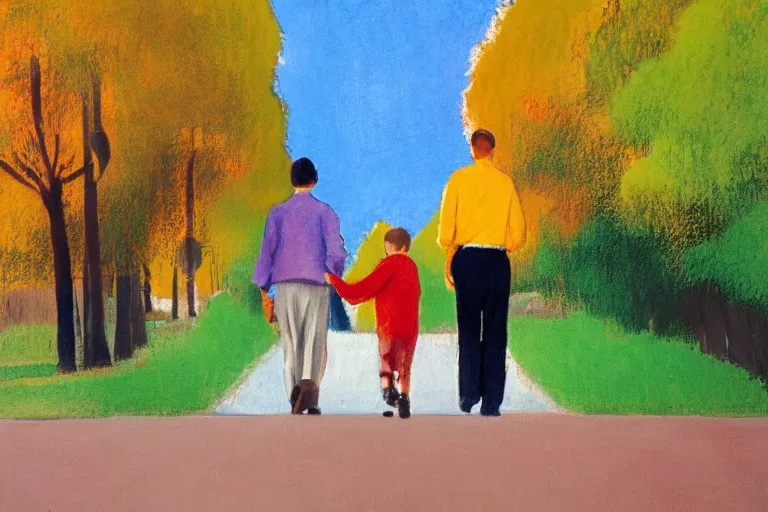 Image similar to a very tall man with dark hair holding the hands of a short young boy with dark hair as they walk down a suburban highway on a bright beautiful colorful day. part in the style of an edgar degas painting. part in the style of david hockney