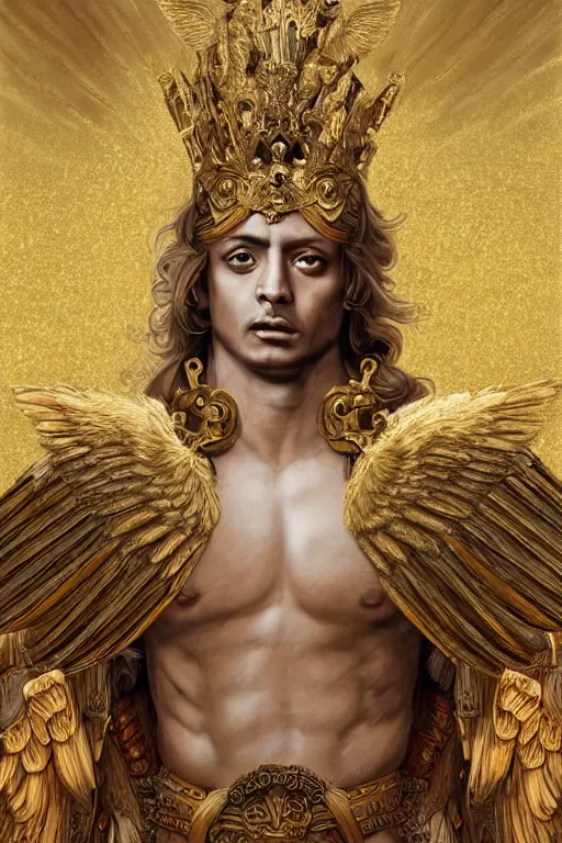 Prompt: a Chihuahua God with a radiant halo and wings, detailed face, gorgeous, flowing hair, very muscular male body, partial anatomy, stormy and grand war scene, delicate and intricate borders for decoration, caesar victorious, proud Emperor, split lighting, character close-up, intricate, highly detailed, 8K, digital painting, fantasy, concept art, sharp focus, art by greg rutkowski beeple and alphonse mucha