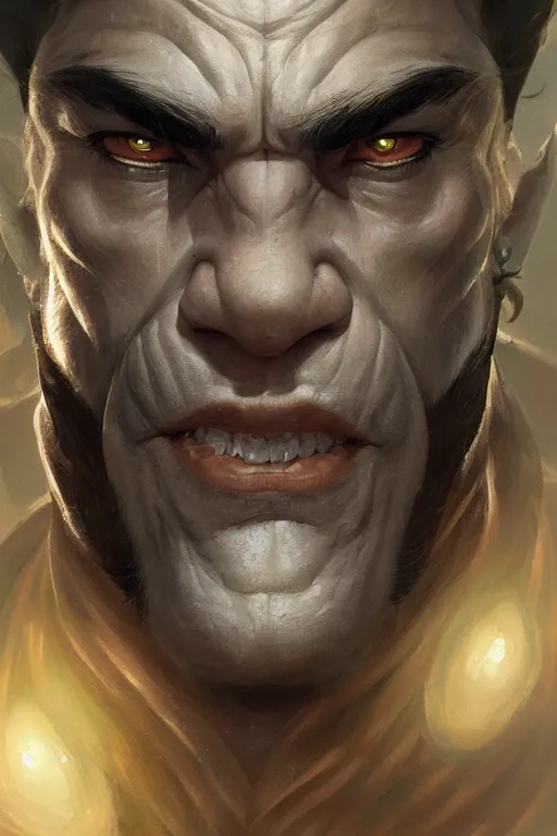 Prompt: up close portrait of a handsome half - orc, d & d, face, fantasy, intricate, elegant, highly detailed, digital painting, artstation, concept art, smooth, sharp focus, illustration, art by artgerm and greg rutkowski and alphonse mucha