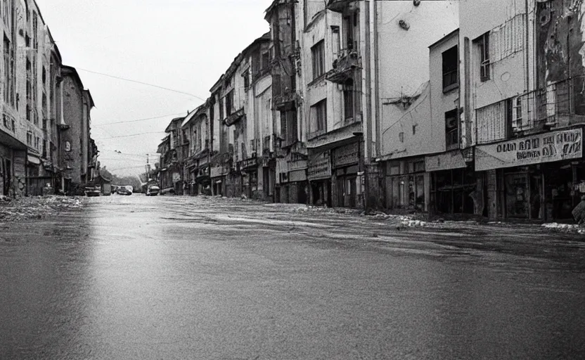 Image similar to 70s movie still of a soviet street from Sarajevo with cars and pedestrian , Cinestill 800t 18mm black and white, heavy grainy picture, very detailed, high quality, 4k panoramic, cinematic, neon billboards at night, rain, mud