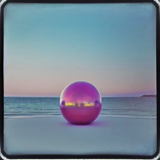 Image similar to a pastel colour high fidelity wide angle Polaroid art photo from a holiday album at a seaside with abstract inflatable parachute furniture, spheres. A sculpture named ‘self care” is the focal point, all objects made of transparent iridescent Perspex and metallic silver fabric, a grid of sun beds iridescence, nostalgic