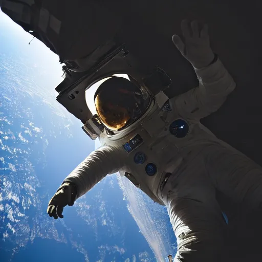 Image similar to photograph of an astronaut in space, singular light source from below, earth only visible below, darkness above, full body photo, amazing light and shadow contrast, 8 k