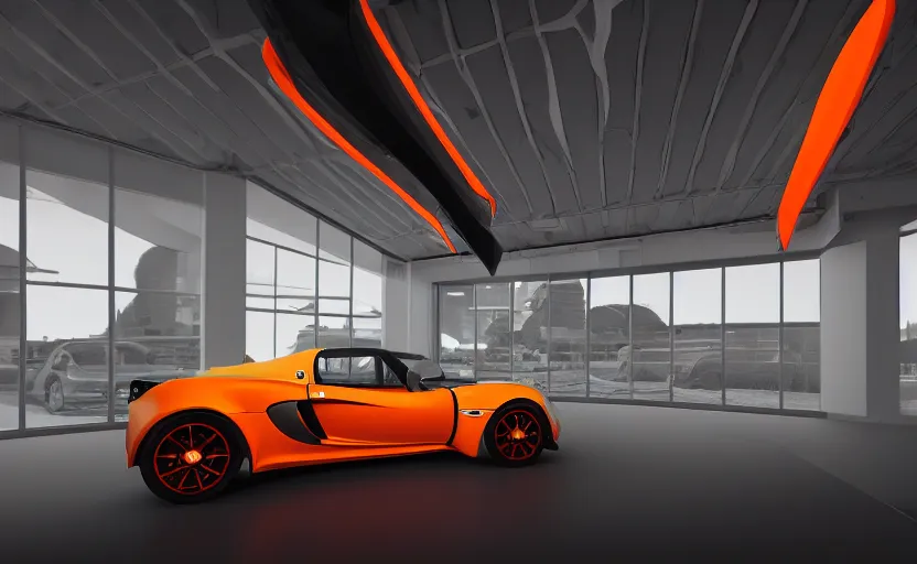 Image similar to futuristic lotus exige ( ( orange ) ) parked within interior view of futuristic auto showroom ( ( frank lloyd wright ) ) luminescent concept art, unreal engine 5, artstation highly detailed, digital art, 8 k hdr, soft lighting, hyperrealistic, godrays