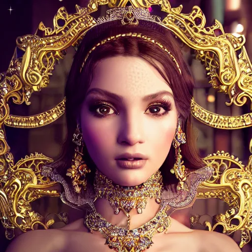 Image similar to portrait of pretty princess with perfect skin, glowing, ornate and intricate diamond jewelry, jaw dropping beauty, ornate and intricate backdrop, white accent lighting, hyper detailed, 4 k octane render