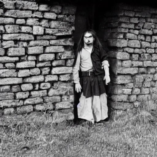 Image similar to An utterly terrified young man with long hair in 1930s attire cornered with his back against a stone wall. Scared look, panic, horror