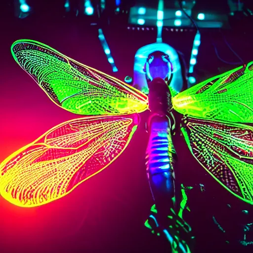 Image similar to A hd photo of a Dj playing his mixer in a rave with a lot of dragonflies around him. neon dragonfly, lights