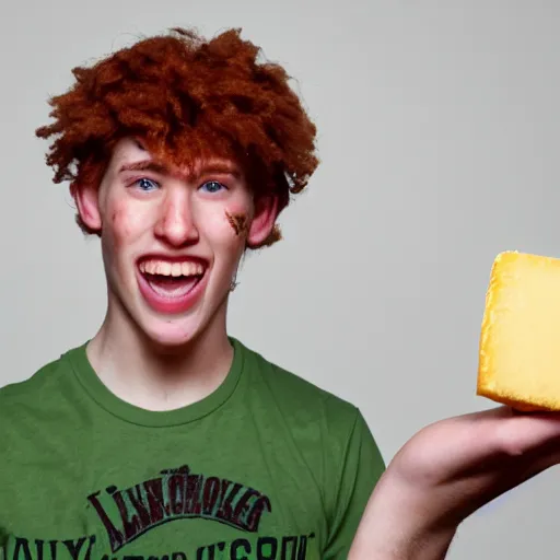 Prompt: photo of a young man with auburn hair, freckles, green eyes, and a kentucky fried chicken employee shirt, holding a piece of cheese shaped like kentucky