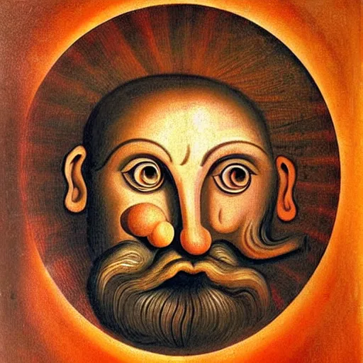 Image similar to portrait of ancient silly greek man with big eyes and sharp nose and open mouth. fine detail. artistic painting by lurid