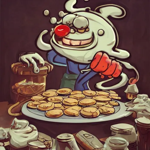 Prompt: evil human cookie cooking a bunch of cookies, in the kitchen, cuphead, painterly, logo, graffiti, elegant, highly detailed, digital art, art by jc leyendecker and sachin teng