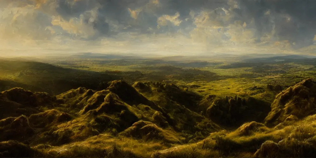 Prompt: a breathtaking landscape from a hilltop, cinematic lighting, detailed oil painting, hyperrealistic, 8k