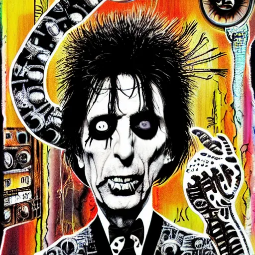 Image similar to graphic illustration, creative design, alice cooper, biopunk, francis bacon, highly detailed, hunter s thompson, mixed media