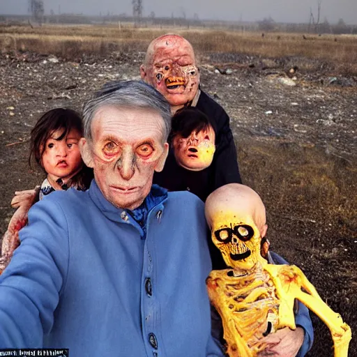 Image similar to selfie of the last surviving ukrainian with children with evil faces, wild pain and damage to the body burns alive to the bone, painted in dirty yellow - blue colors, a huge nuclear explosion is approaching in the background, corpses and skeletons are everywhere, the earth is on fire, smoke and radioactive rain