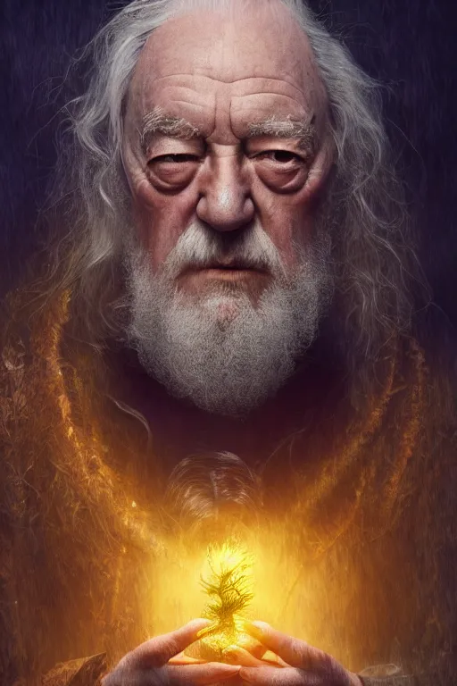 Prompt: Michael Gambon as Dumbledore, magical, forest, evening, yellow mist, symmetrical face, large eyes, hyper realistic, digital art, octane render, trending on artstation, artstationHD, artstationHQ, unreal engine, 4k, 8k