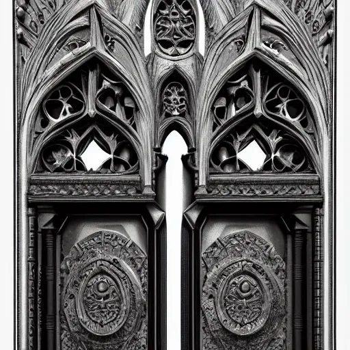 Image similar to portal double doors with a big face carved in the center. gothic medieval baroque. black iron. symmetry. epic. ominous shapes. trending on artstation