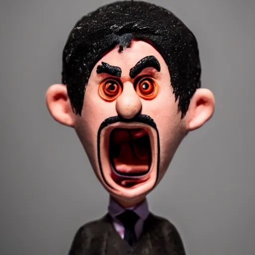 Prompt: a portrait of an angry man in the style of claymation, stop motion, with studio lighting with a 7 5 mm lens.