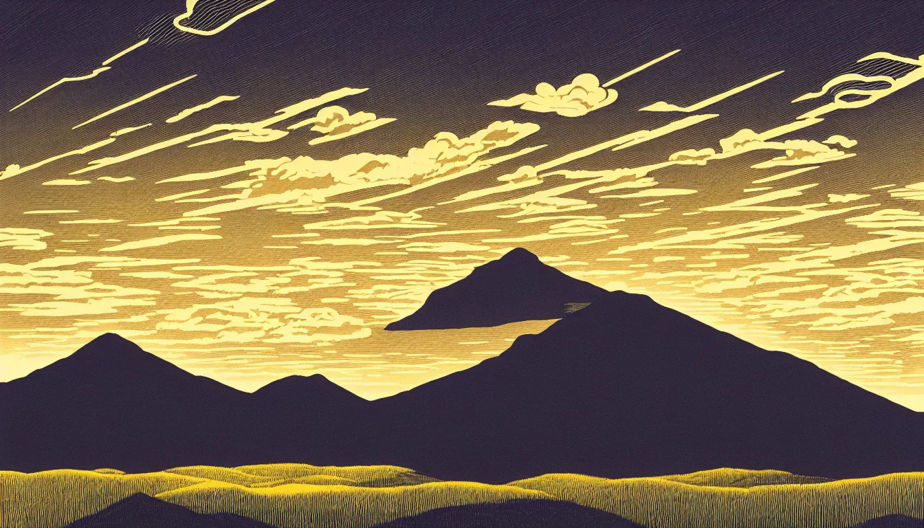 Image similar to clouds over mountain light rays by dan mumford and peter doig and edward hopper, symmetrical, minimal, black ink, thick lines highly detailed, muted colours 8 k