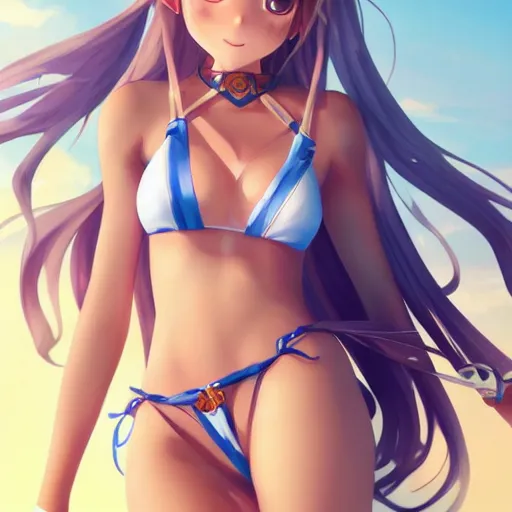 Image similar to a very beautiful young yuuki asuna, full body, long wavy blond hair, sky blue eyes, full round face,, bikini, miniskirt, front view, mid - shot, highly detailed, cinematic wallpaper by stanley artgerm lau