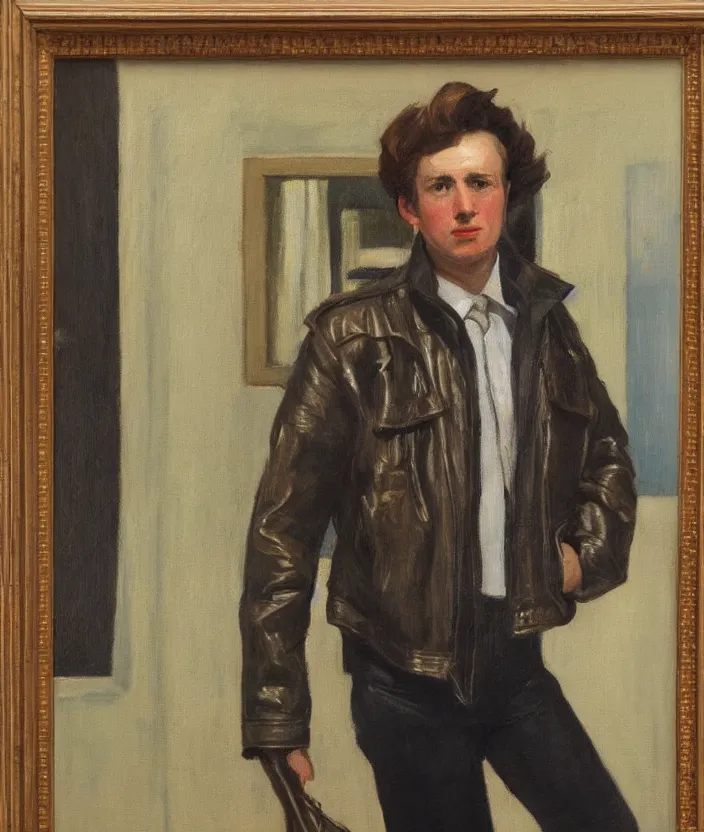 Prompt: a very detailed portrait of a man, wearing an 8 0 s leather jacket with big shoulder pads, front view, in the style of edward hopper and oswald hornby joseph birley and susan ryder, very small brushstrokes, 4 k,