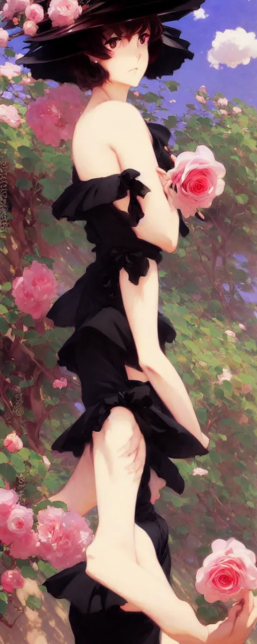 Image similar to beautiful rose anime girl in elegent black dress, krenz cushart, mucha, ghibli, by joaquin sorolla rhads leyendecker, by ohara koson