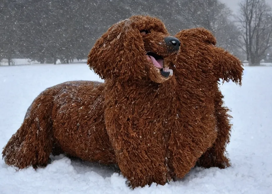 Image similar to Giant prehistoric woolly dachshund, in the middle of a snow storm