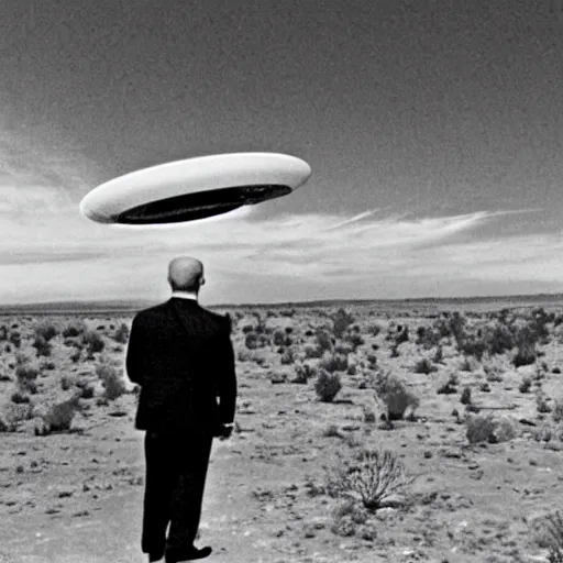 Prompt: president eisenhower aboarding a ufo in the desert as high ranked government officials are watching, black and white old photo