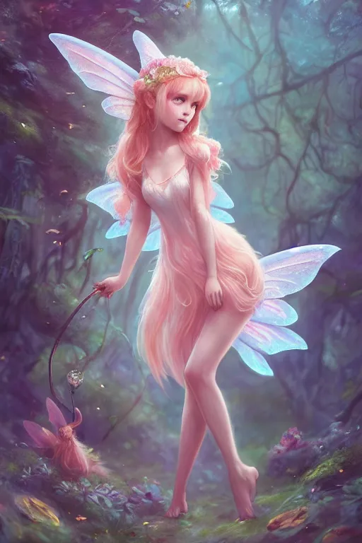 Image similar to a cute and geogerous fairy in the dreamy forest, fantasy, dreamlike, 8 k resolution, hyper detailed, d & d, character design, digital painting, trending on artstation, sharp focus, illustration, art by viktoria gavrilenko, hoang lap, fuji choko, steve zheng,