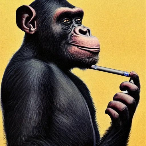 Image similar to a high detail photo of an antropomorphic chimp wearing a suit smoking a cigarrette, subject= chimp, subject detail: wearing a suit, subject action: smoking a cigarrette photorealism