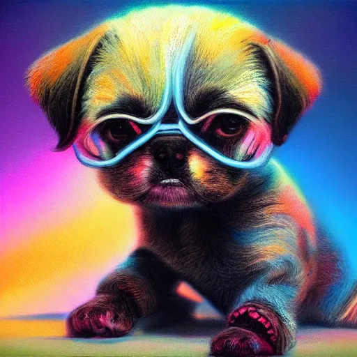 Image similar to Highly detailed pastel painting of a chibi puppy, detailed cyberpunk glitchcore synthwave art, trending on ArtStation