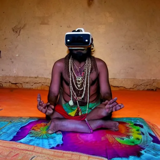 Prompt: An Indian Sadhu Saadhu wearing a cyberdelic psychedelic Oculus virtual reality headset sitting on a rug in a Dravidian temple, psionic powers