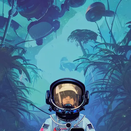 Image similar to view of a future cosmonaut with helmet having cybernetics and wirings exploring a jungle, d & d, trending on artstation, art by rossdraws, petros afshar, tom whalen, laurie greasley and greg rutkowski and ilya kuvshinov, global illumination