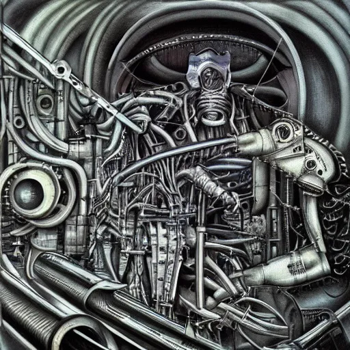 Prompt: mechanical life, artwork by H R Giger